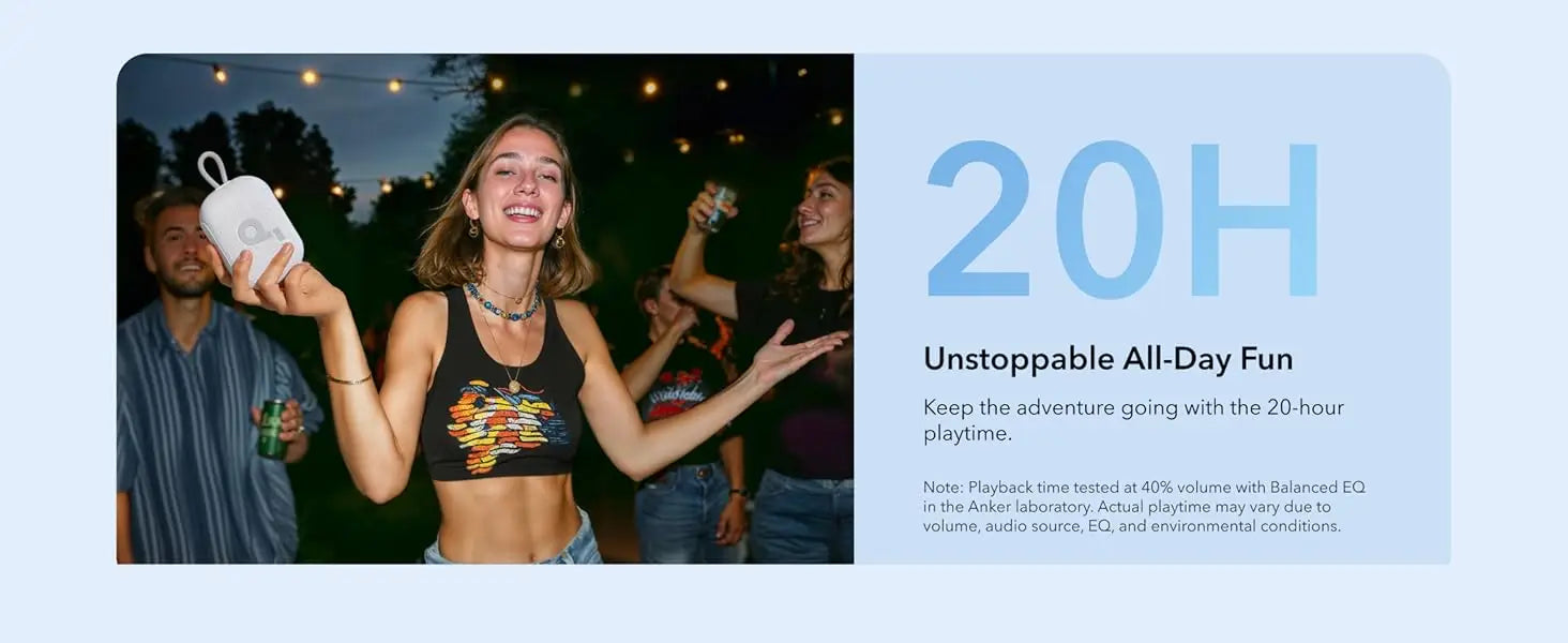 20-hour long playtime feature of Soundcore Select 4 Go Bluetooth Speaker