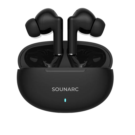 Sounarc Q1 wireless earbuds in compact charging case