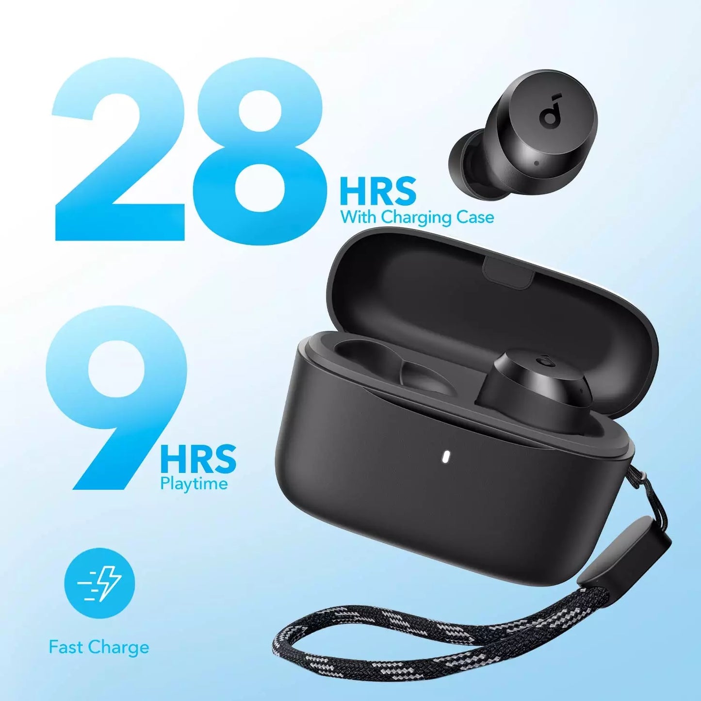 9 hrs playtime + 28 hrs with charging case