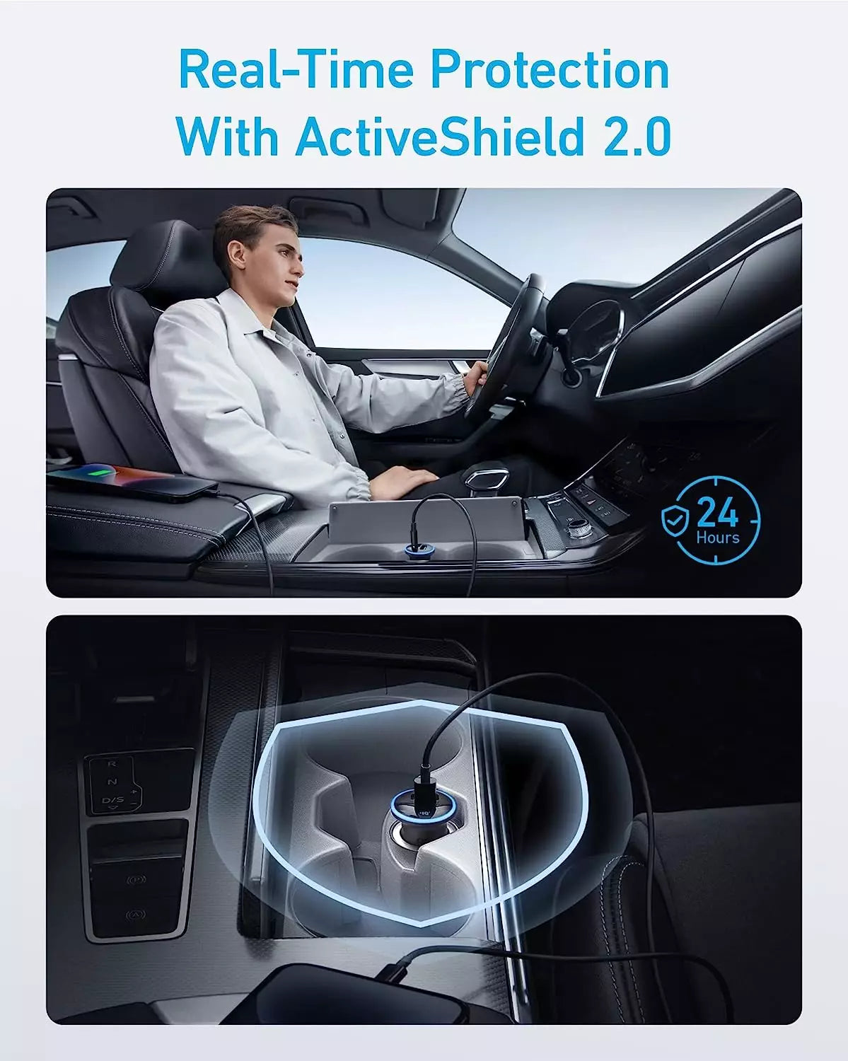 Anker 52W car charger with ActiveShield 2.0 real-time protection.
