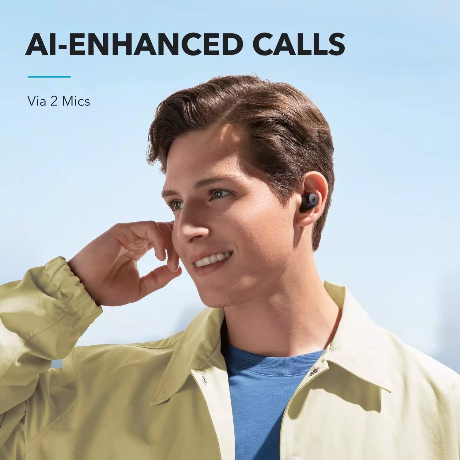 Male user making AI-enhanced call with A20i earbuds