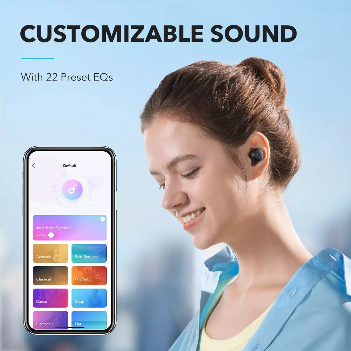 Female user customizing EQ sound via Soundcore app