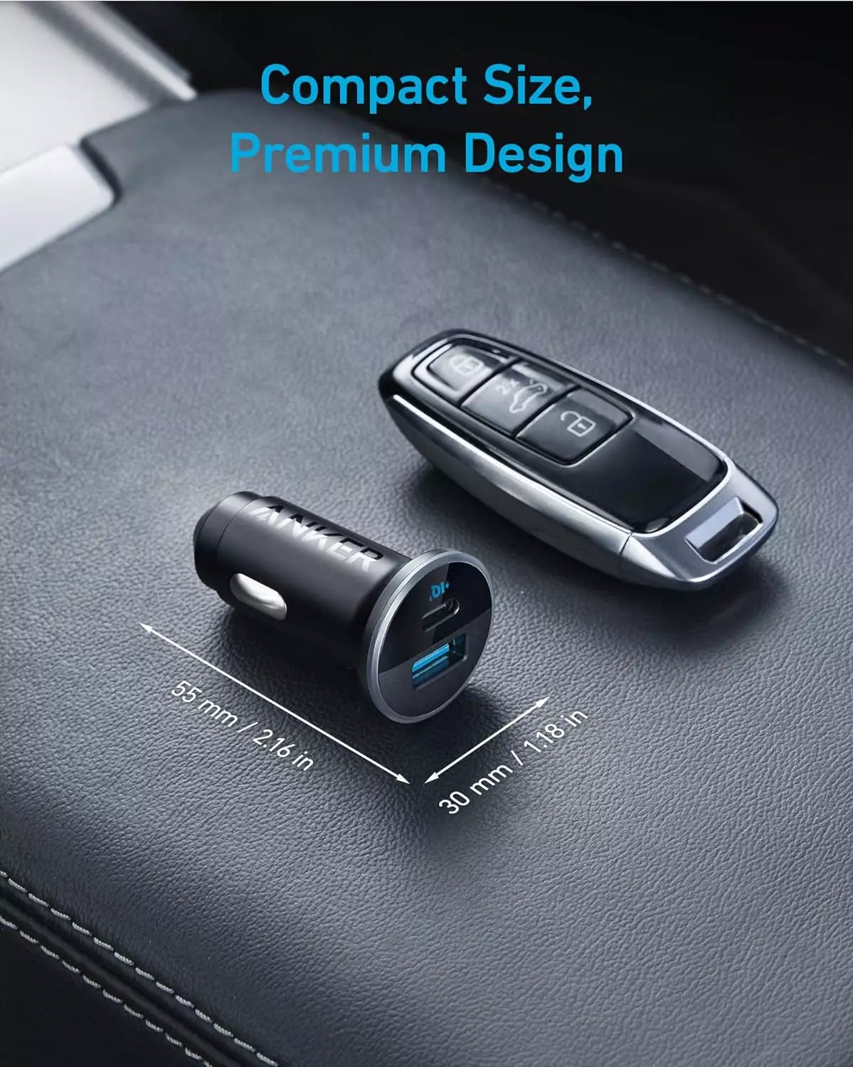 Compact and premium design of Anker dual-port 52W car charger.