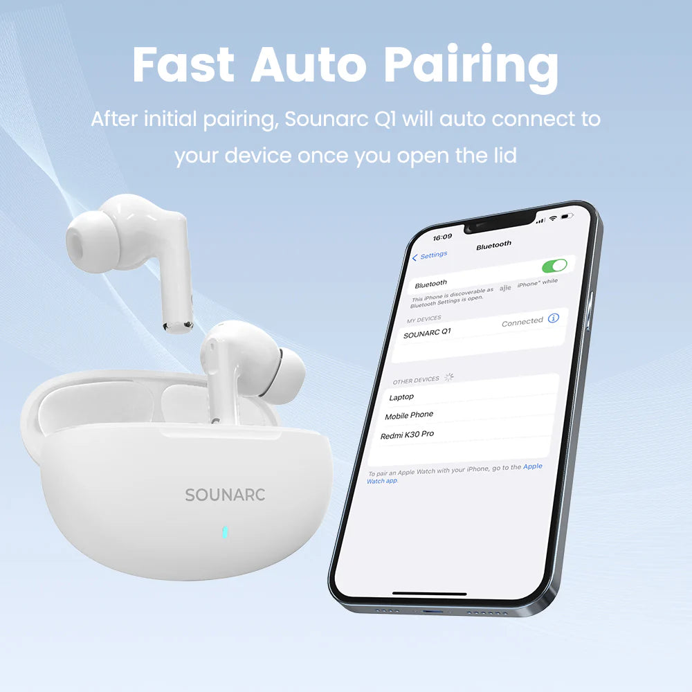 Sounarc Q1 wireless earbuds with fast auto pairing