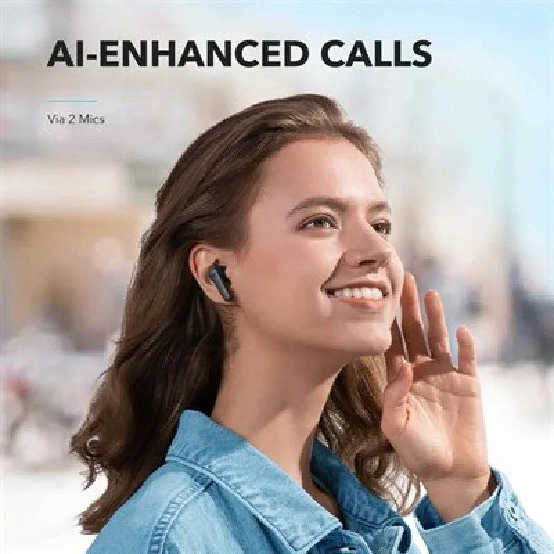 Female using Anker R50i earbuds for clear calls