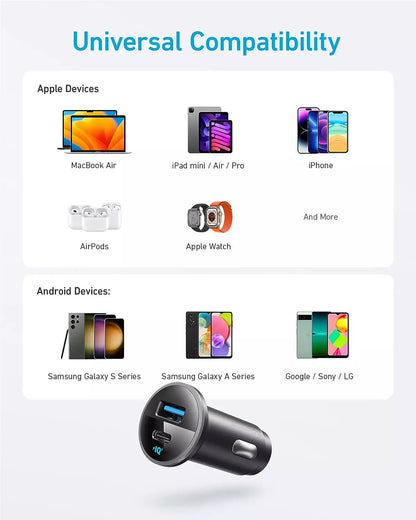 Anker 52W car charger compatible with iPhone, Samsung, tablets, and more devices.