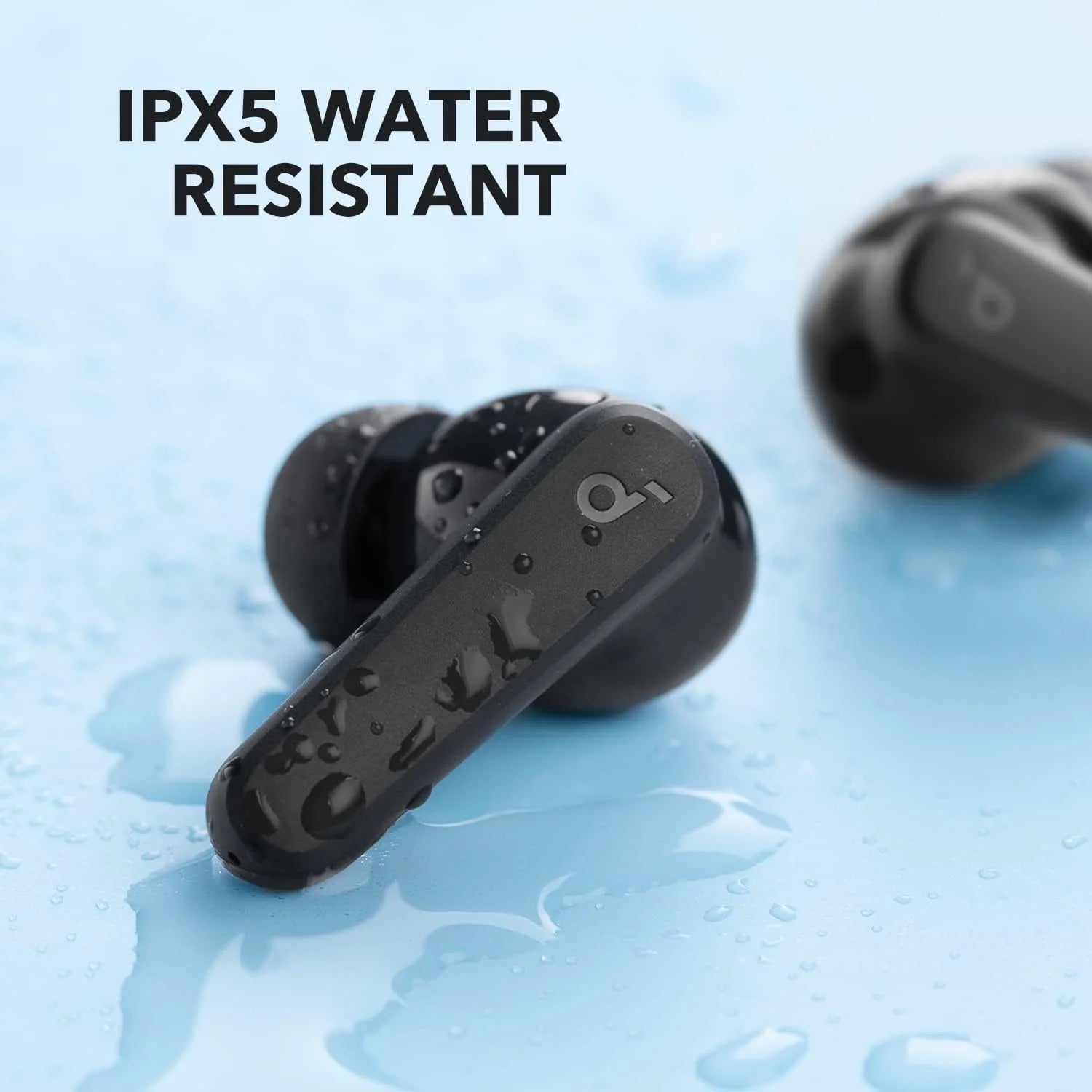 IPX5 water-resistant earbuds near water splash