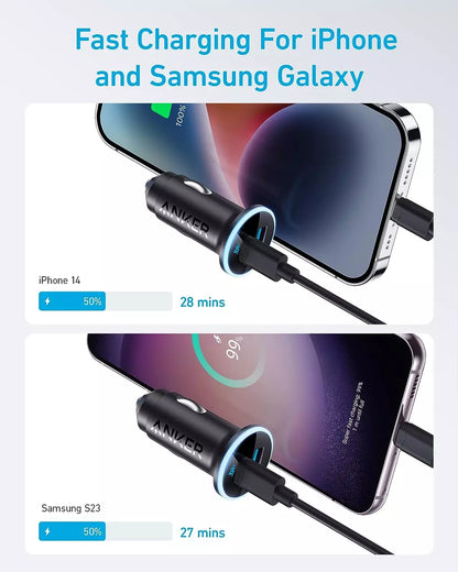 Anker car charger 52W fast charging for iPhone and Samsung Galaxy.