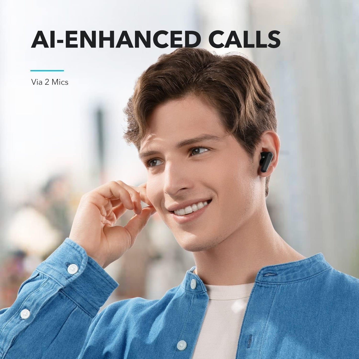 AI-enhanced call quality with male user wearing earbuds
